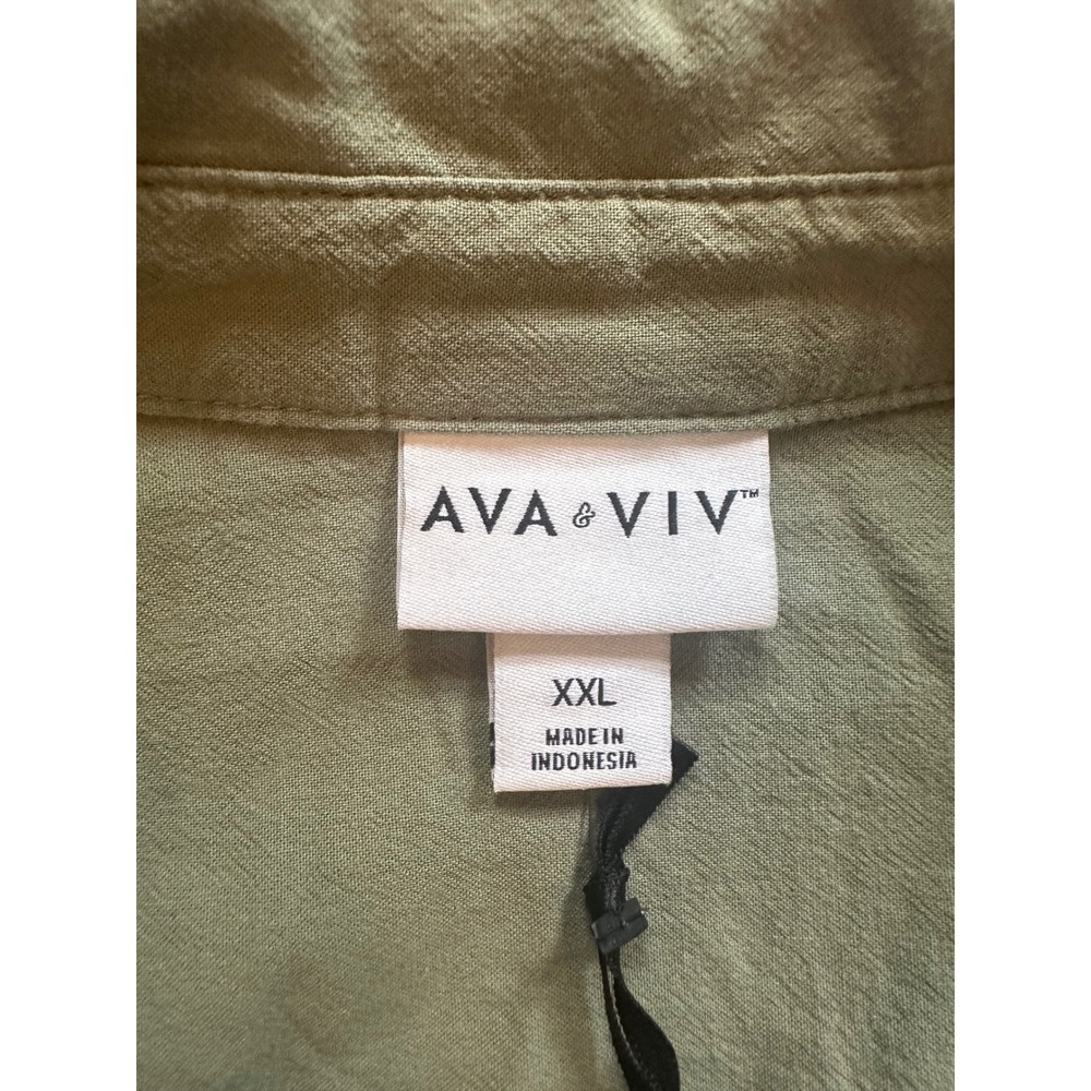 Ava & Viv Women XXL Sage Green Cotton Short Sleeve Button Front Midi Shirt Dress - Picture 2 of 5